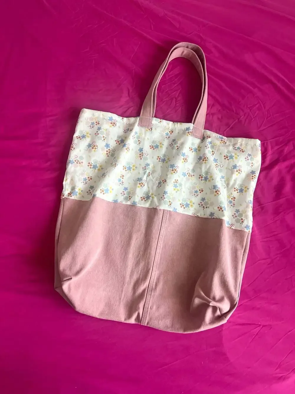 Handmade Cottagecore Pink Canvas and Floral Print Tote Bag